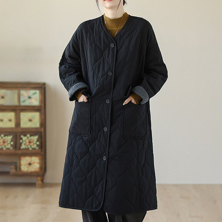 Abrigo acolchado de algodón con botones lisos y bolsillos para mujer de Buddha Stones - Negro - US14，UK/AU18，EU46 (2XL) - image 5