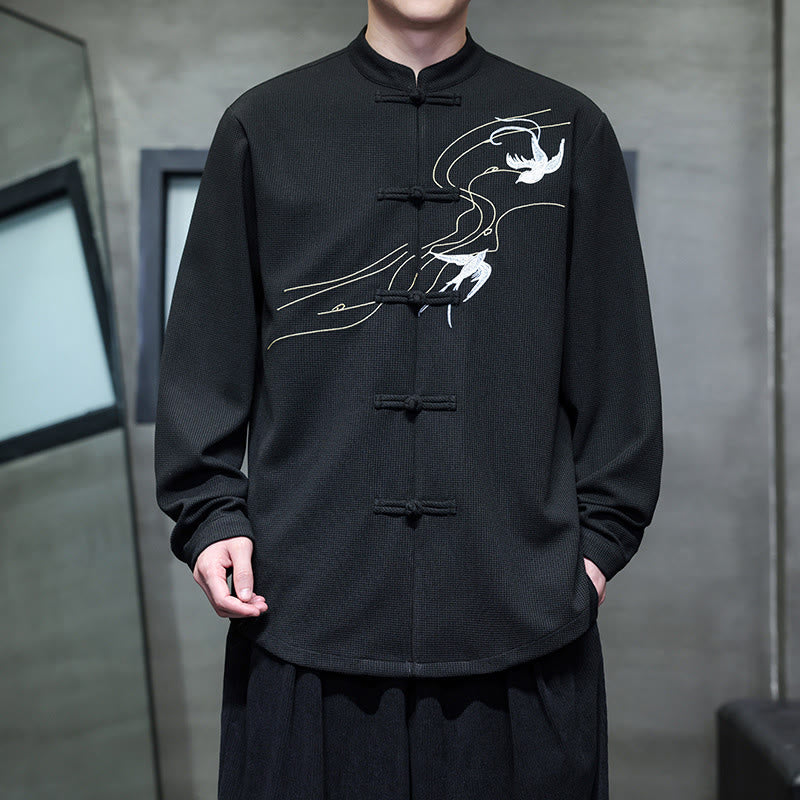 Camisa de hombre con cuello alto, manga larga y bordado de golondrinas y botones de rana con Buddha Stones - Negro - US/UK/AU46, EU56 (5XL) - image 0
