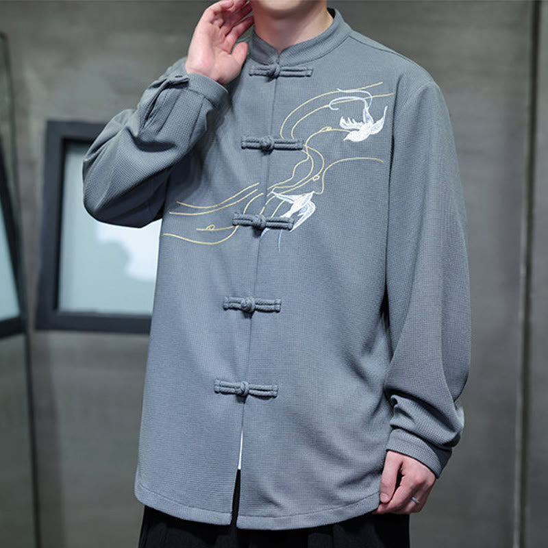 Camisa de hombre con cuello alto, manga larga y bordado de golondrinas y botones de rana con Buddha Stones - image 20