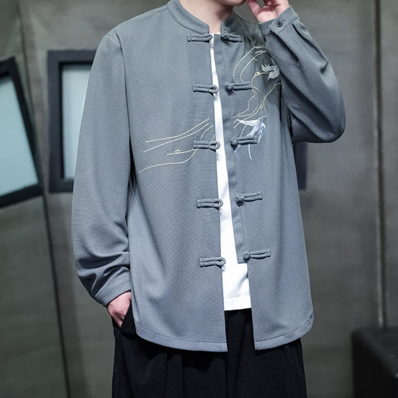 Camisa de hombre con cuello alto, manga larga y bordado de golondrinas y botones de rana con Buddha Stones - image 19