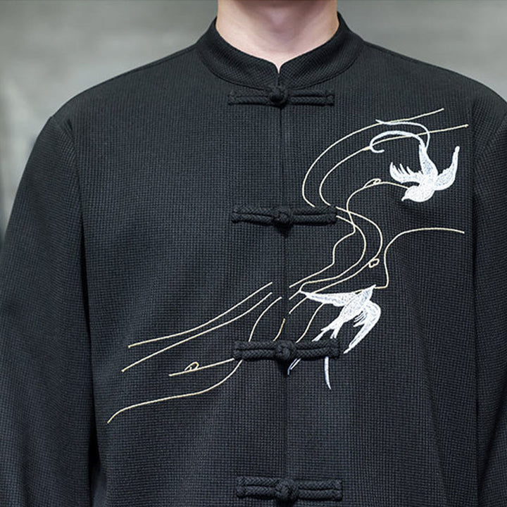Camisa de hombre con cuello alto, manga larga y bordado de golondrinas y botones de rana con Buddha Stones - image 10