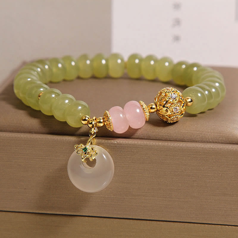 Pulsera de la suerte con hebilla de paz natural de Buddha Stones y jade y cuarzo rosa - image 1