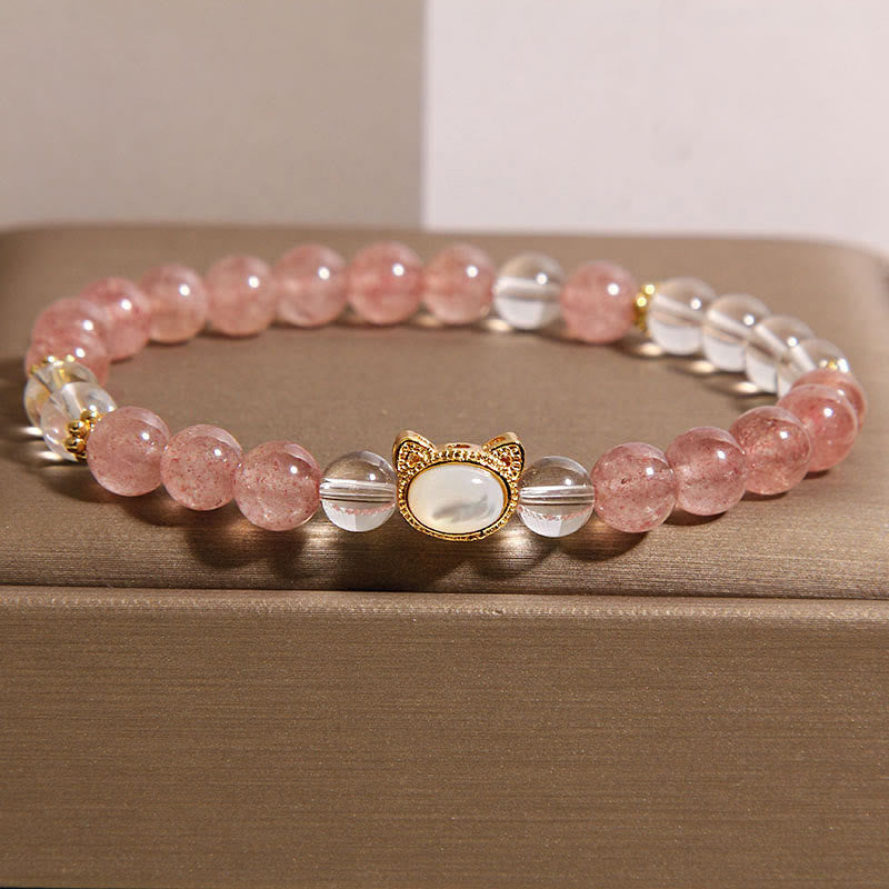 Pulsera curativa de cuentas de cristal blanco de cuarzo fresa natural con diseño de gato y Buddha Stones - Cuarzo fresa (circunferencia de la muñeca: 15-17 cm) - image 0