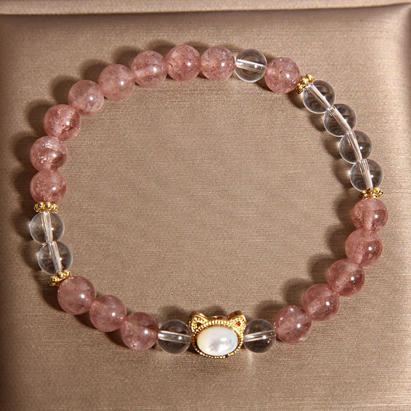 Pulsera curativa de cuentas de cristal blanco de cuarzo fresa natural con diseño de gato y Buddha Stones - image 2