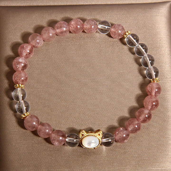 Pulsera curativa de cuentas de cristal blanco de cuarzo fresa natural con diseño de gato y Buddha Stones - image 2