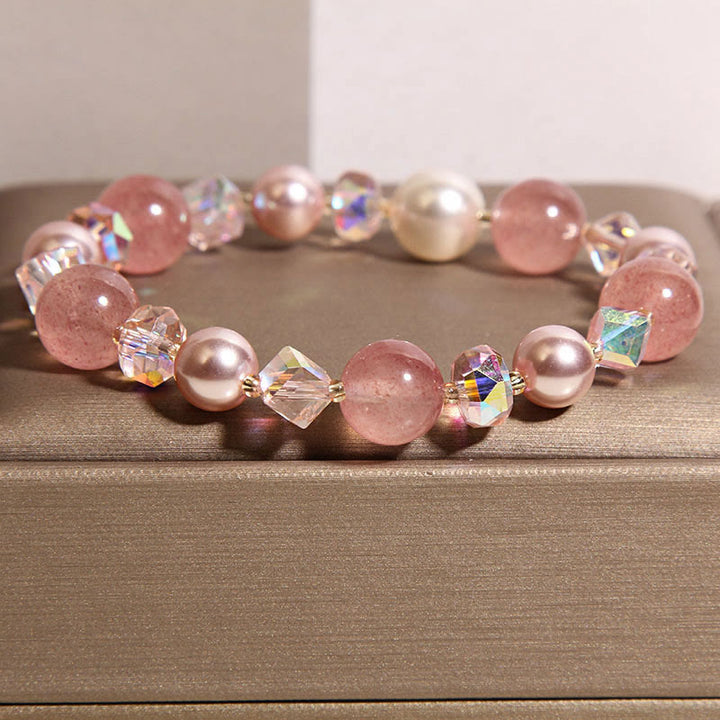 Pulsera positiva de cuarzo fresa natural con perla de cristal blanco de Buddha Stones - image 1