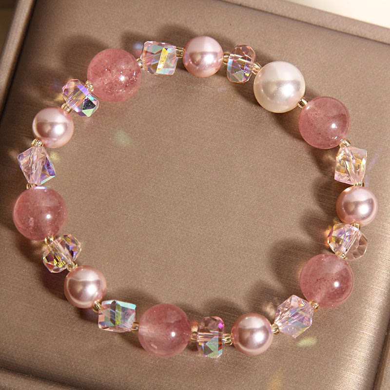Pulsera positiva de cuarzo fresa natural con perla de cristal blanco de Buddha Stones - Cuarzo fresa (circunferencia de la muñeca: 15-17 cm) - image 0