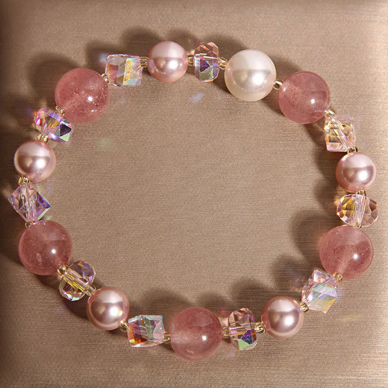 Pulsera positiva de cuarzo fresa natural con perla de cristal blanco de Buddha Stones - image 4