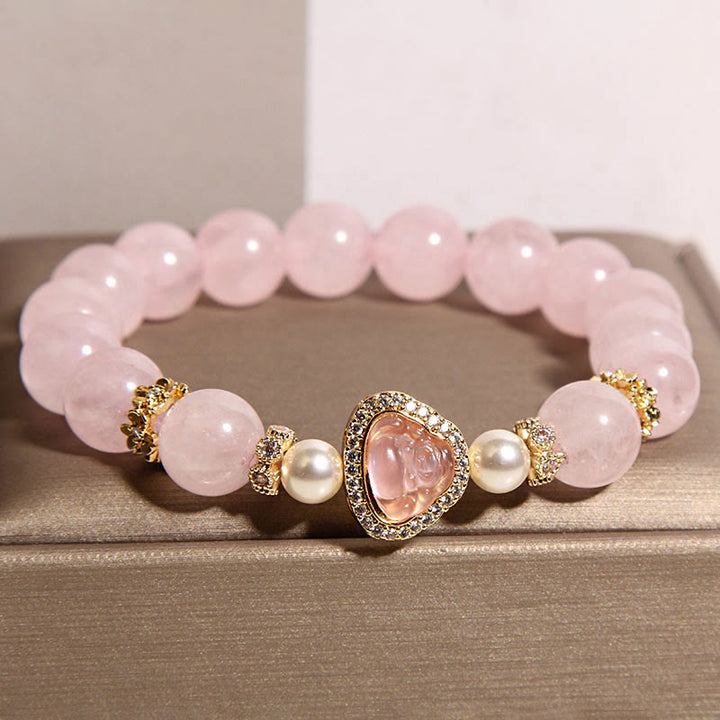 Pulsera de perlas de cristal rosa con símbolo de Buda natural y Buddha Stones - image 1
