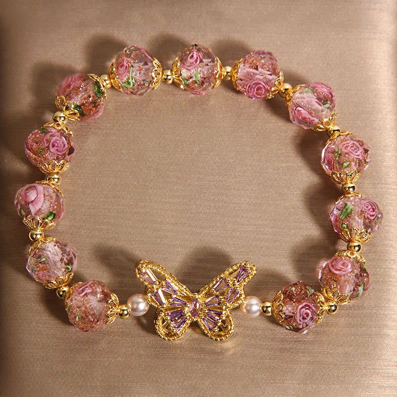 Pulsera de cristal rosa cálido con diseño de mariposa natural y Buddha Stones - image 2