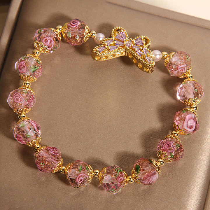 Pulsera de cristal rosa cálido con diseño de mariposa natural y Buddha Stones - image 4