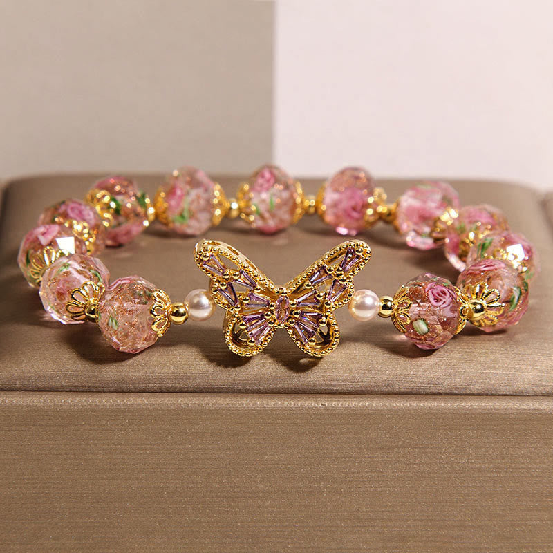 Pulsera de cristal rosa cálido con diseño de mariposa natural y Buddha Stones - Cristal rosa (circunferencia de la muñeca: 15-17 cm) - image 0
