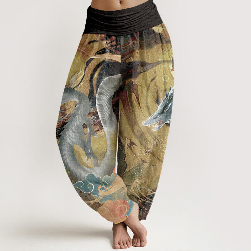 Pantalones Buddha Stones de algodón puro con diseño de nubes auspiciosas y dragón para mujer, con cintura elástica - Amarillo - US22，UK/AU26，EU54 (6XL) - image 0