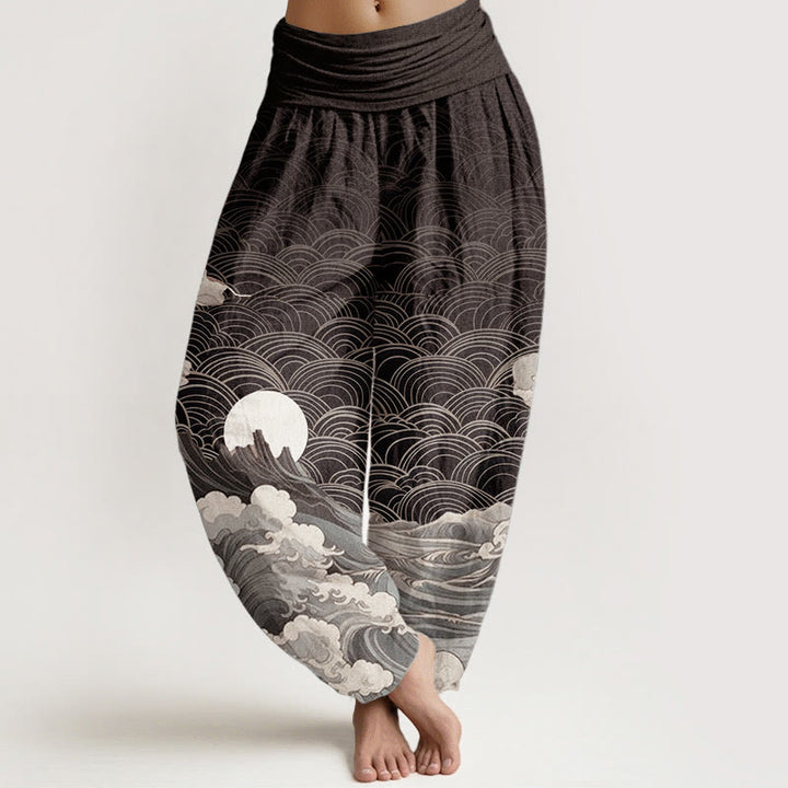 Pantalones Buddha Stones de algodón puro con estampado de ondas, luna y montaña para mujer, cintura elástica - Negro - US22，UK/AU26，EU54 (6XL) - image 0