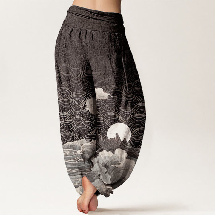 Pantalones Buddha Stones de algodón puro con estampado de ondas, luna y montaña para mujer, cintura elástica - image 1