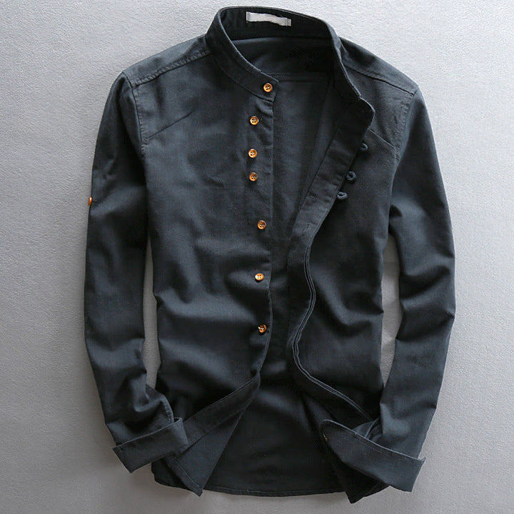 Camisa de manga larga de algodón y lino con cuello redondo y diseño ajustado para hombre de Buddha Stones. - Azul medianoche - US/UK/AU48, UE58 (7XL) - image 0