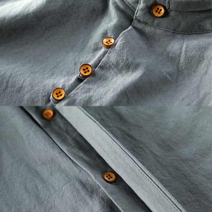 Camisa de manga larga de algodón y lino con cuello redondo y diseño ajustado para hombre de Buddha Stones. - image 11