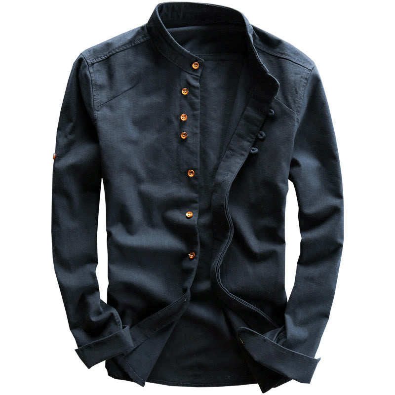 Camisa de manga larga de algodón y lino con cuello redondo y diseño ajustado para hombre de Buddha Stones. - image 2