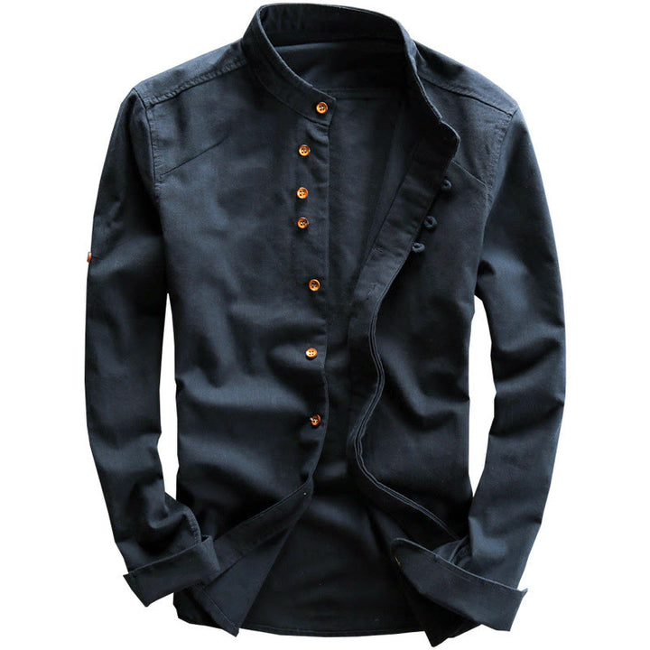 Camisa de manga larga de algodón y lino con cuello redondo y diseño ajustado para hombre de Buddha Stones. - image 2