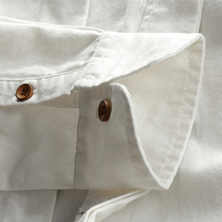 Camisa de manga larga para hombre de algodón y lino con cuello redondo y diseño ajustado de Buddha Stones. - image 9