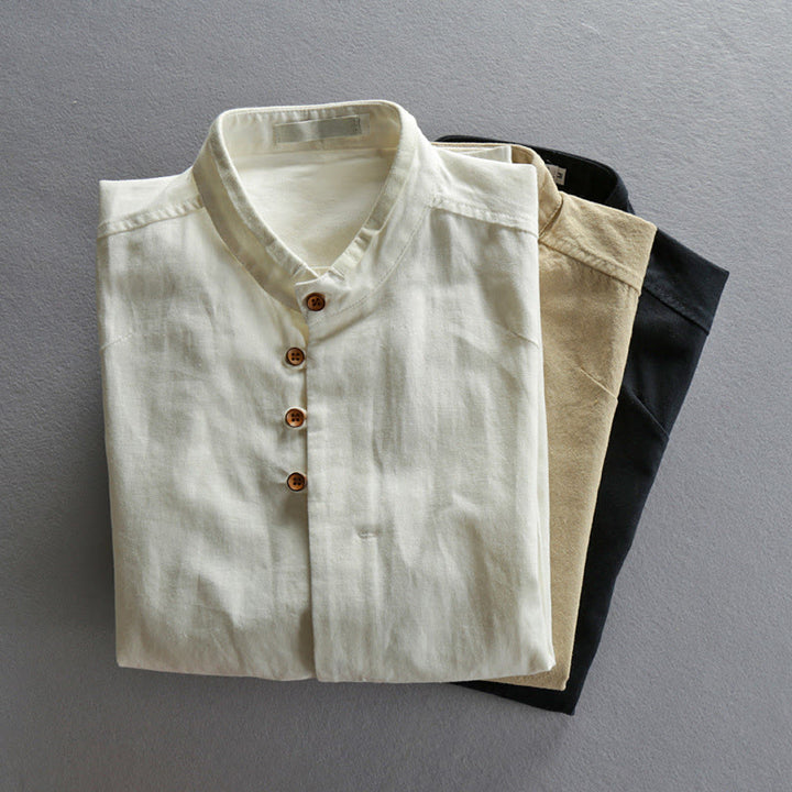 Camisa de manga larga de algodón y lino con cuello redondo y diseño ajustado para hombre de Buddha Stones. - image 13