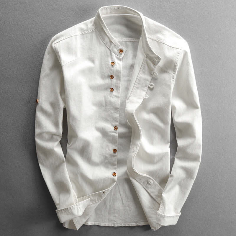 Camisa de manga larga de algodón y lino con cuello redondo y diseño ajustado para hombre de Buddha Stones. - Blanco - US/UK/AU48, UE58 (7XL) - image 3