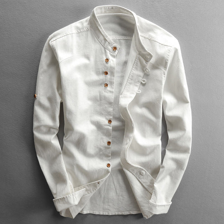 Camisa de manga larga de algodón y lino con cuello redondo y diseño ajustado para hombre de Buddha Stones. - Blanco - US/UK/AU48, UE58 (7XL) - image 3