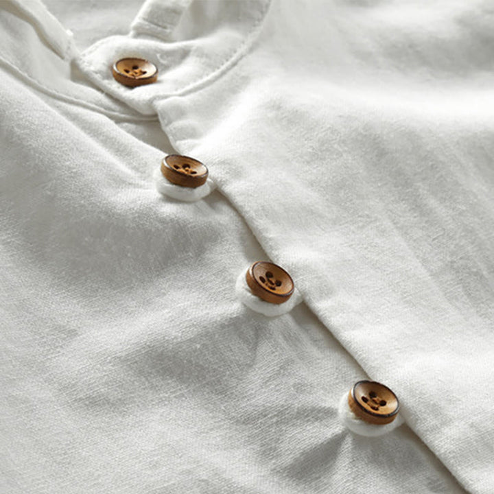 Camisa de manga larga para hombre de algodón y lino con cuello redondo y diseño ajustado de Buddha Stones. - image 5