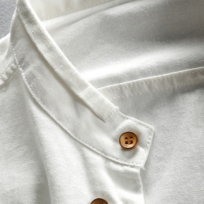 Camisa de manga larga de algodón y lino con cuello redondo y diseño ajustado para hombre de Buddha Stones. - image 6