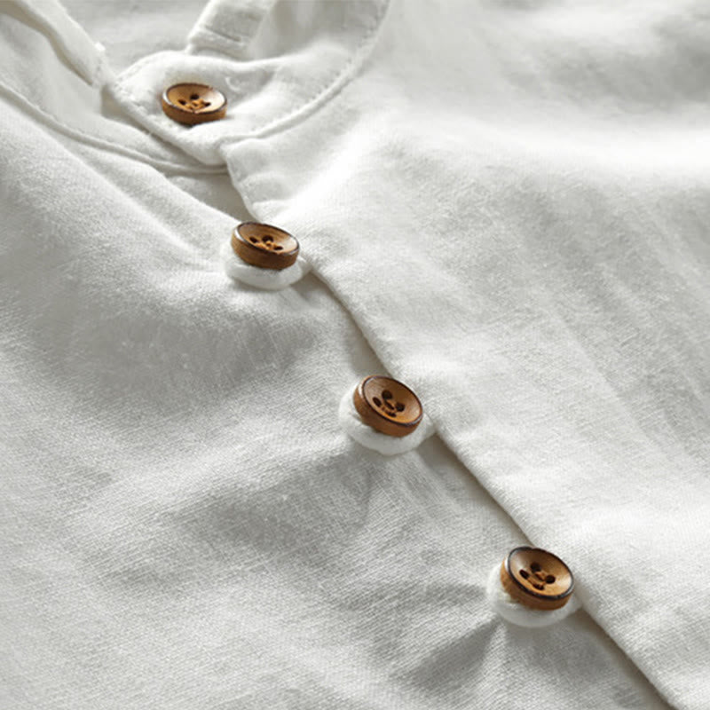 Camisa de manga larga de algodón y lino con cuello redondo y diseño ajustado para hombre de Buddha Stones. - image 5