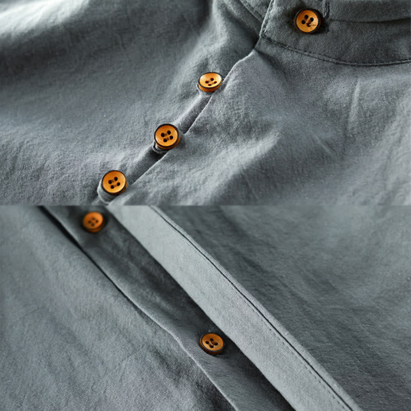 Camisa de lino y algodón de manga larga con cuello redondo y diseño entallado de Buddha Stones para hombre - image 11