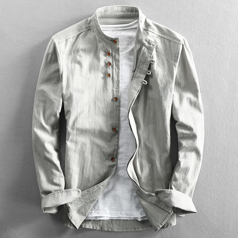 Camisa de manga larga de algodón y lino con cuello redondo y diseño ajustado para hombre de Buddha Stones. - Humo blanco - US/UK/AU48, UE58 (7XL) - image 12