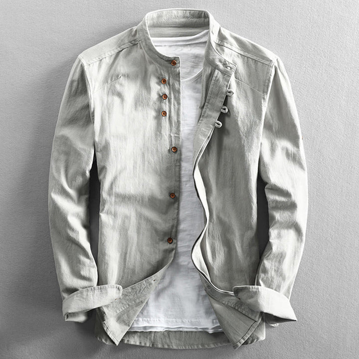Camisa de manga larga de algodón y lino con cuello redondo y diseño ajustado para hombre de Buddha Stones. - Humo blanco - US/UK/AU48, UE58 (7XL) - image 12
