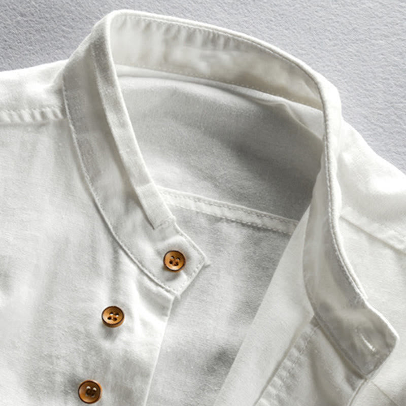 Camisa de manga larga de algodón y lino con cuello redondo y diseño ajustado para hombre de Buddha Stones. - image 4