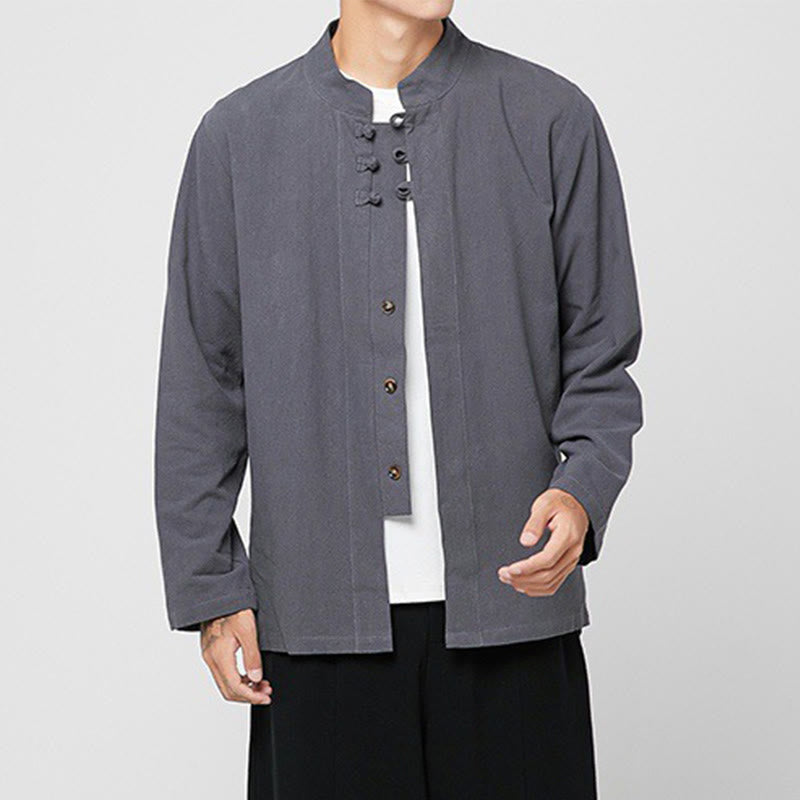 Camisa de traje Tang de algodón de manga larga para hombre con botones de rana chinos y abertura lateral con Buddha Stones - image 5