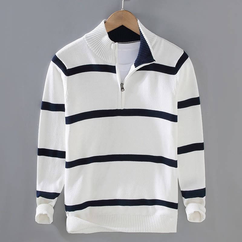 Suéter de algodón de manga larga para hombre con diseño de media cremallera y rayas en contraste de colores y Buddha Stones - Raya azul medianoche blanca - US/UK/AU42, EU52 (3XL) - image 1