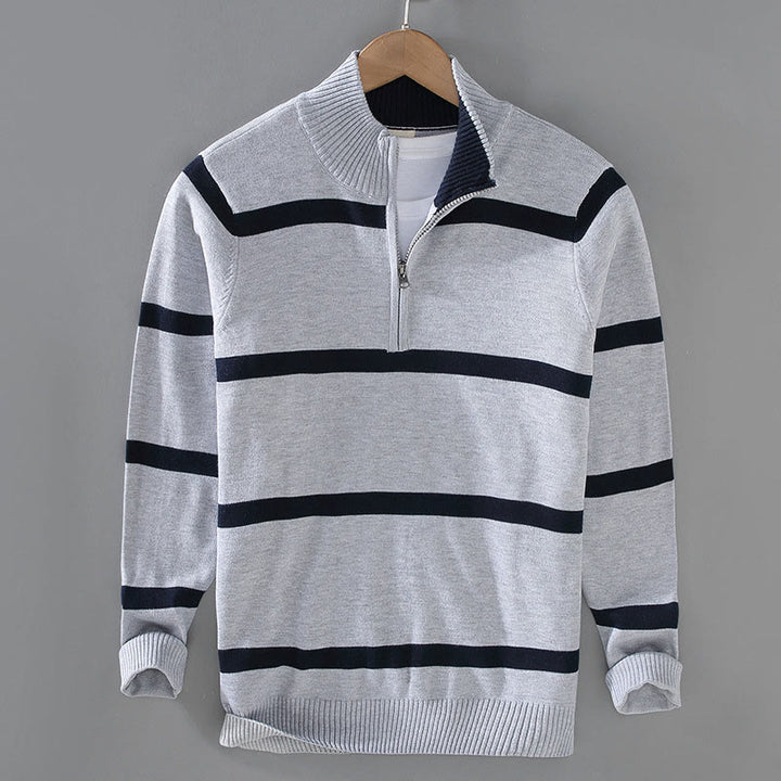 Suéter de algodón de manga larga para hombre con diseño de media cremallera y rayas en contraste de colores y Buddha Stones - Rayas azul medianoche gris oscuro - US/UK/AU42, EU52 (3XL) - image 9