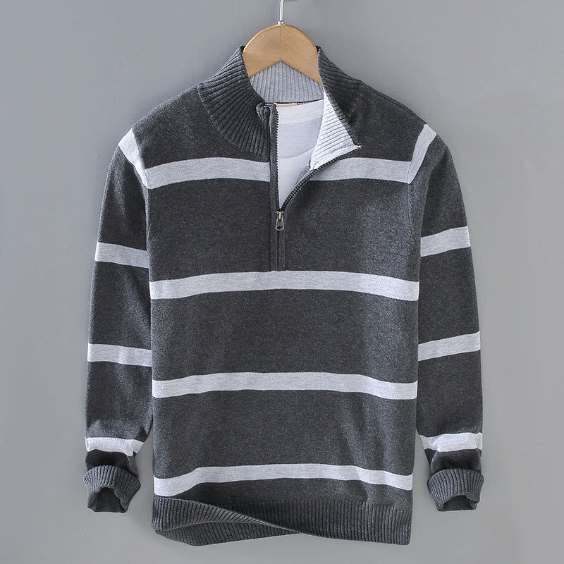 Suéter de algodón de manga larga para hombre con diseño de media cremallera y rayas en contraste de colores y Buddha Stones - Rayas gris oscuro - US/UK/AU42, EU52 (3XL) - image 10