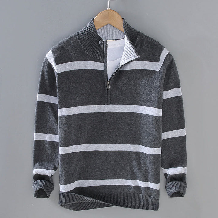 Suéter de algodón de manga larga para hombre con diseño de media cremallera y rayas en contraste de colores y Buddha Stones - Rayas gris oscuro - US/UK/AU42, EU52 (3XL) - image 10