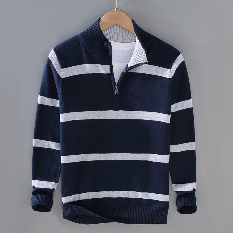 Suéter de algodón de manga larga para hombre con diseño de media cremallera y rayas en contraste de colores y Buddha Stones - Rayas azul medianoche y gris claro - US/UK/AU42, EU52 (3XL) - image 11