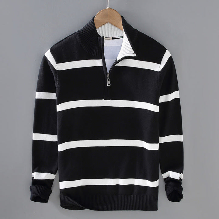 Suéter de algodón de manga larga para hombre con diseño de media cremallera y rayas en contraste de colores y Buddha Stones - Rayas blancas y negras - US/UK/AU42, EU52 (3XL) - image 0