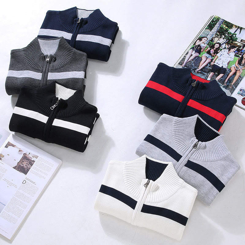 Suéter de algodón de manga larga para hombre con diseño de media cremallera y rayas en contraste de colores y Buddha Stones - image 13