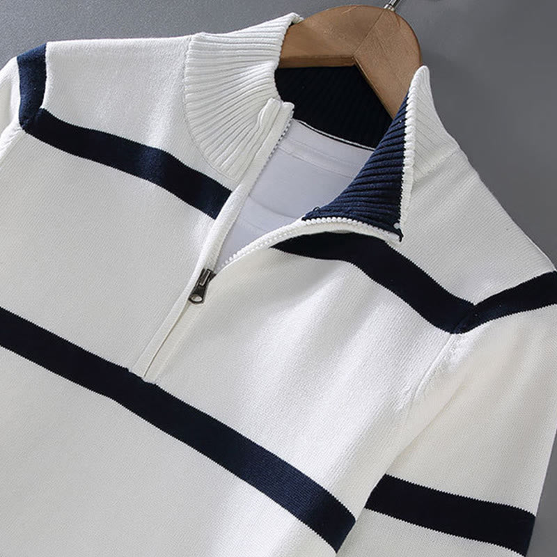 Suéter de algodón de manga larga para hombre con diseño de media cremallera y rayas en contraste de colores y Buddha Stones - image 3