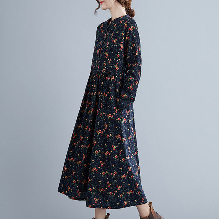 Vestido midi de algodón con mangas largas y bolsillos para mujer, diseño floral y cordón ajustable de Buddha Stones Commute - image 16