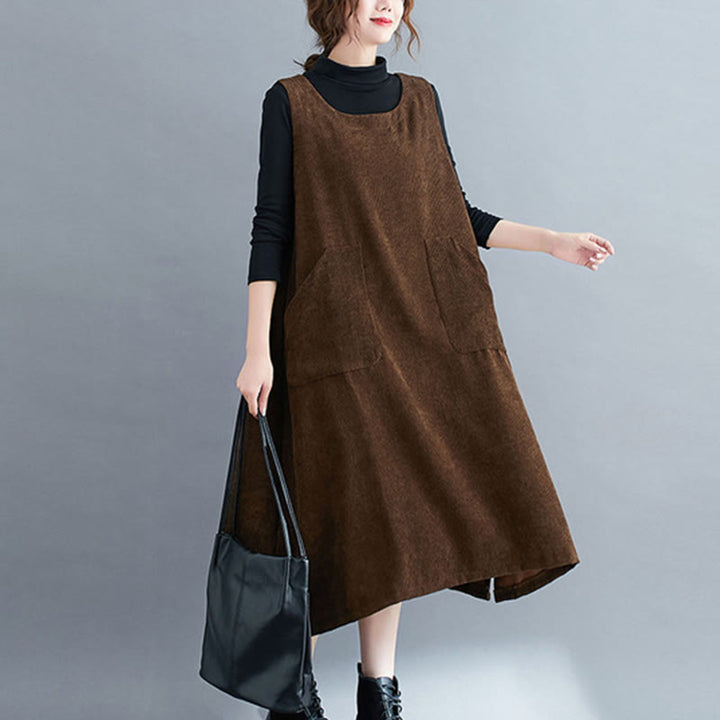 Vestido midi de pana de algodón sin mangas con cuello redondo y bolsillos para mujer de Buddha Stones Commute - Marrón silla de montar - US12, UK/AU16, EU44 (2XL) - image 0