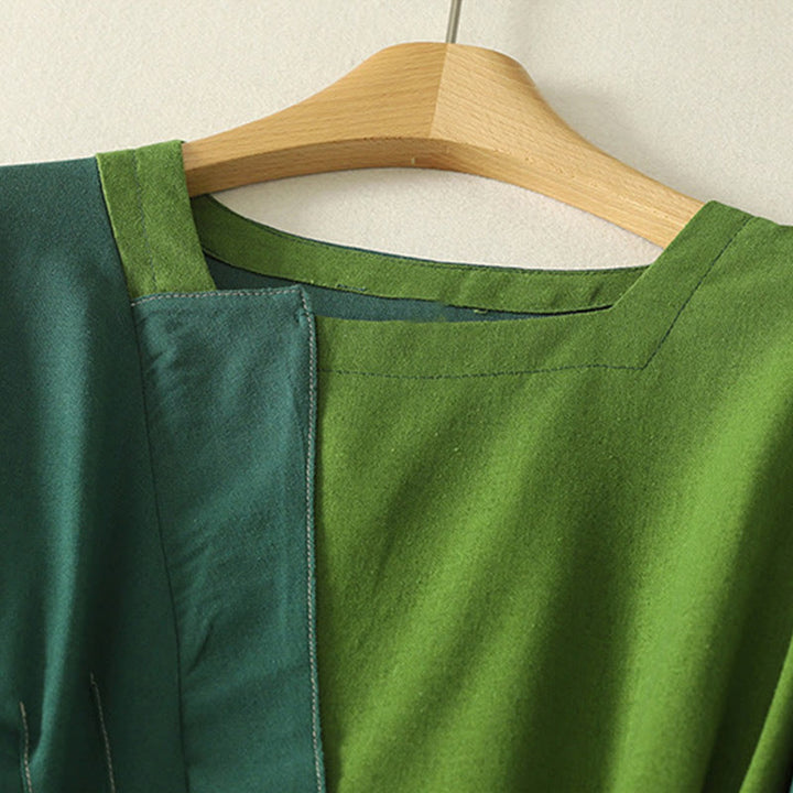 Vestido midi de manga larga para mujer con diseño de bloques de color y parches de Buddha Stones, con bolsillos. - image 2
