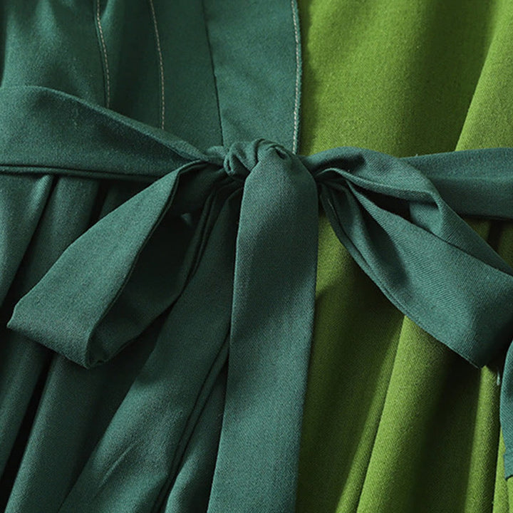 Vestido midi de manga larga para mujer con diseño de bloques de color y parches de Buddha Stones, con bolsillos. - image 5