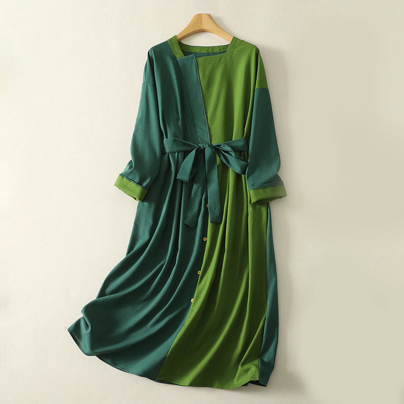 Vestido midi de manga larga para mujer con diseño de bloques de color y parches de Buddha Stones, con bolsillos. - Verde oscuro - US8-10，UK/AU12-14，EU40-42 (2XL) - image 0