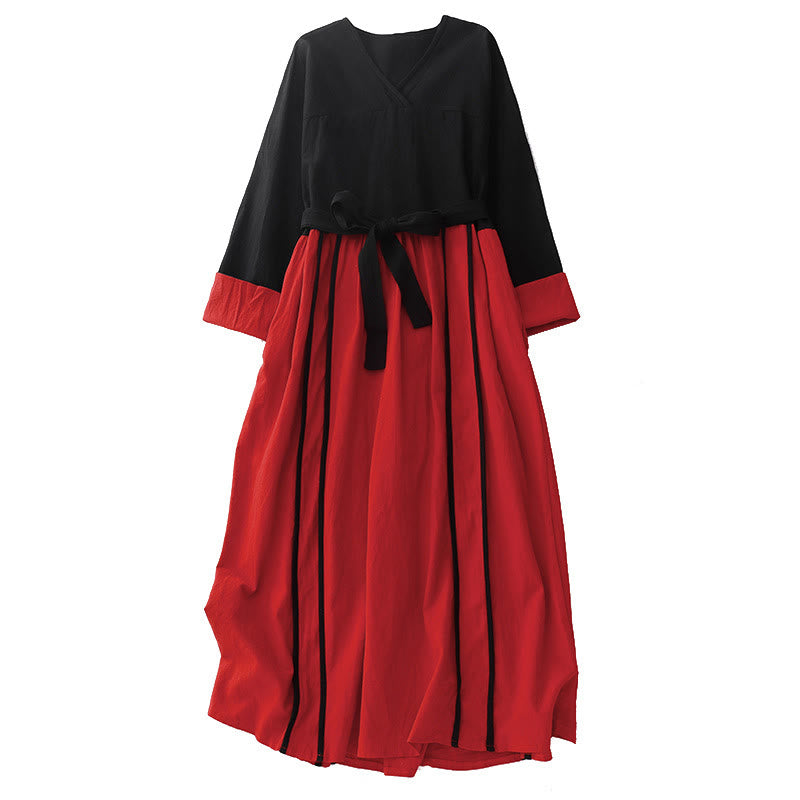 Vestido midi de manga larga con diseño de bloques de color y cordones para mujer con bolsillos y estampado de Buddha Stones - image 11