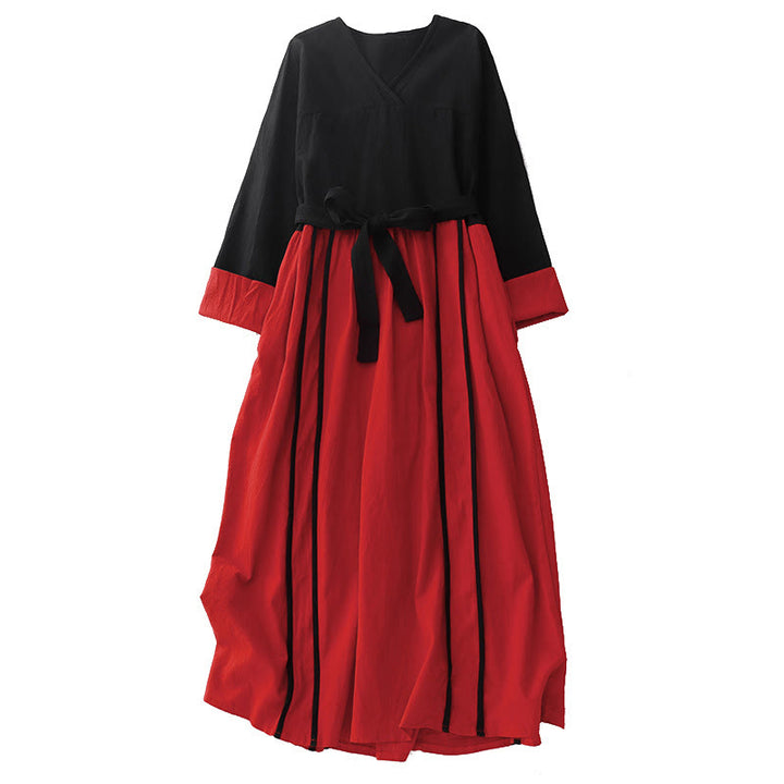 Vestido midi de manga larga con diseño de bloques de color y cordones para mujer con bolsillos y estampado de Buddha Stones - image 11